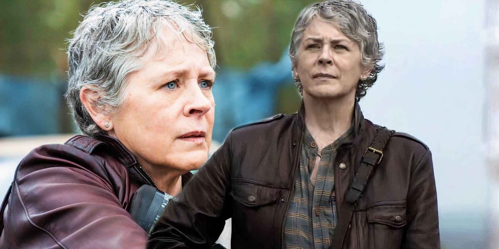 close-up-of-melissa-mcbride-as-carol-holding-a-crossbow-with-wide-eyes-next-to-carol-walking-down-a-road-with-a-gun-in-daryl-dixon-season-2-holding-a-crossbow