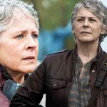 close-up-of-melissa-mcbride-as-carol-holding-a-crossbow-with-wide-eyes-next-to-carol-walking-down-a-road-with-a-gun-in-daryl-dixon-season-2-holding-a-crossbow