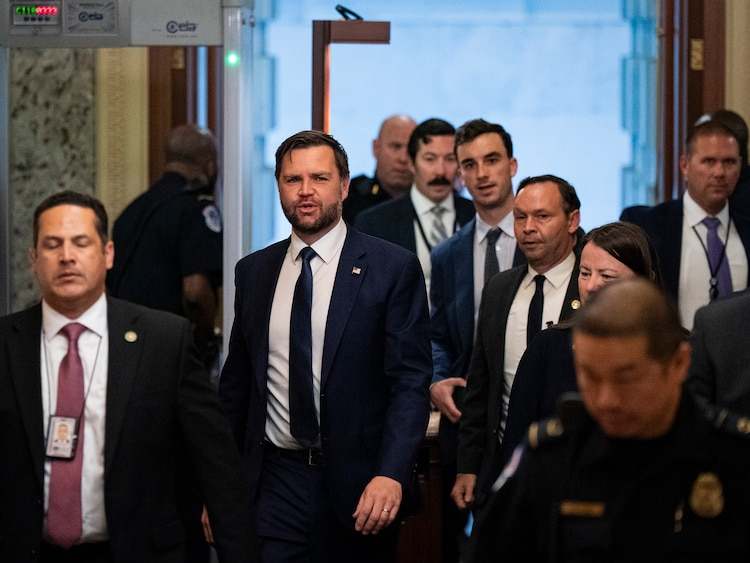 On July 1, 2025, JD Vance arrives during a vote-a-rama in the United States Capitol in Washington, DC.